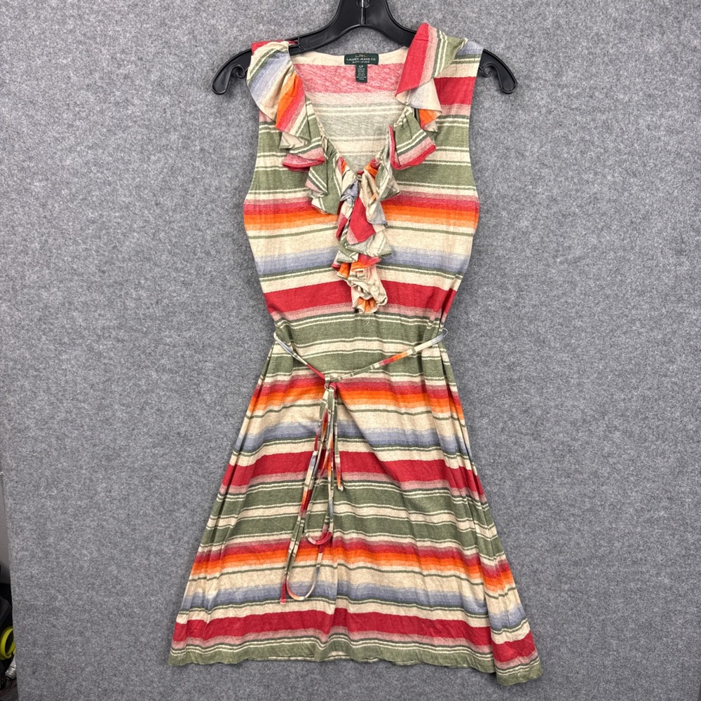Lauren Ralph Lauren Sleeveless Ruffle Dress Small Multi Color Stripe Cotton
